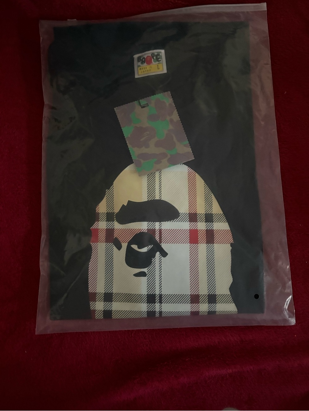 Bape Black Tee with Beige & Red Plaid Ape Graphic